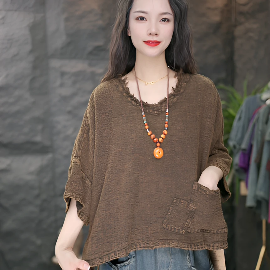 JJ短袖宽松型吸汗做旧V领休闲风T恤绣花夏季民族风夏装