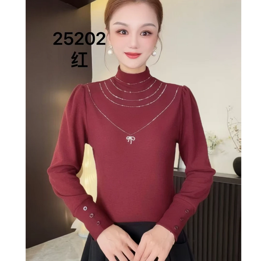 秋冬季新款双面绒保暖半高领纯色烫钻长袖打底衫女士时尚气质上衣