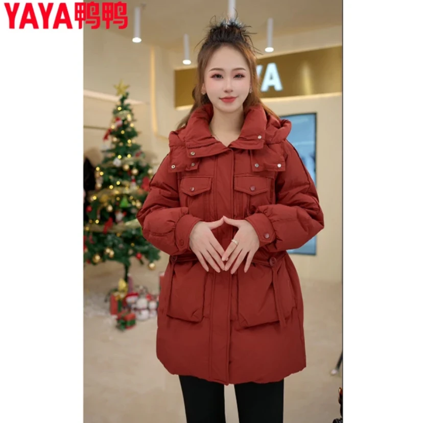 YAYA/鸭鸭24年新款连帽女士中长款宽松加厚鸭绒外套YE4B600885L