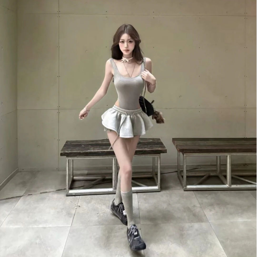 美式辣妹2025夏季新款chic性感露背内搭连体上衣配抽绳裙裤套装女