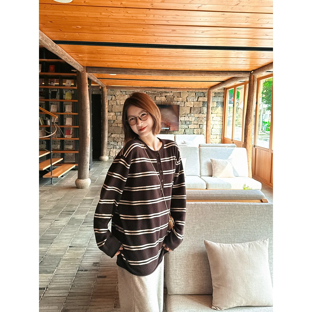 【唐悠悠】250g110支超细山羊绒羊毛条纹卷边针织衫女上衣慵懒风