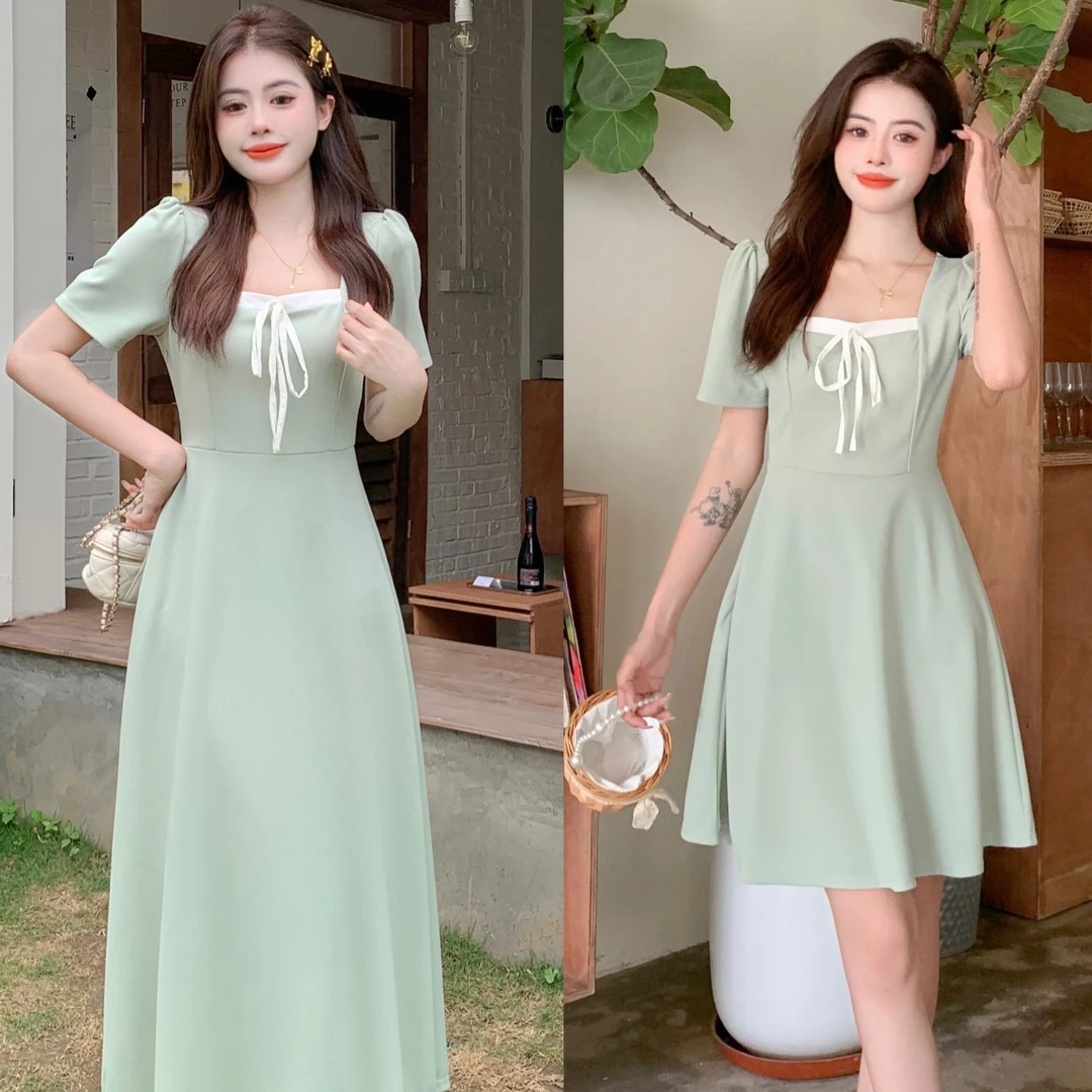 （80-200斤）夏季新款a字裙法式方领连衣裙胖MM显瘦遮肚裙子女1495