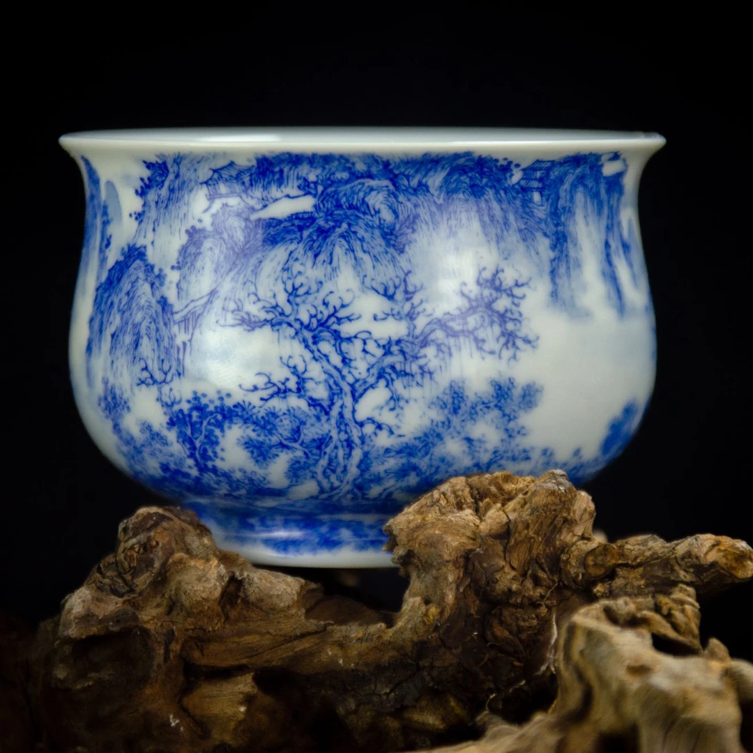 云清晓境 | 《烟江远眺图》炉式杯  纯手工手绘山水青花瓷茶器