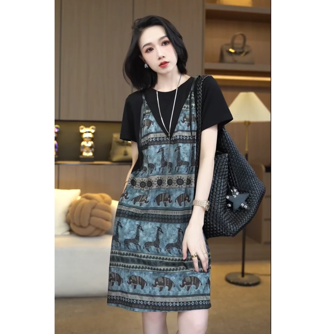 欧颍昇夏季小众时尚新款复古宽松显瘦气质优雅长短款连衣裙子7271