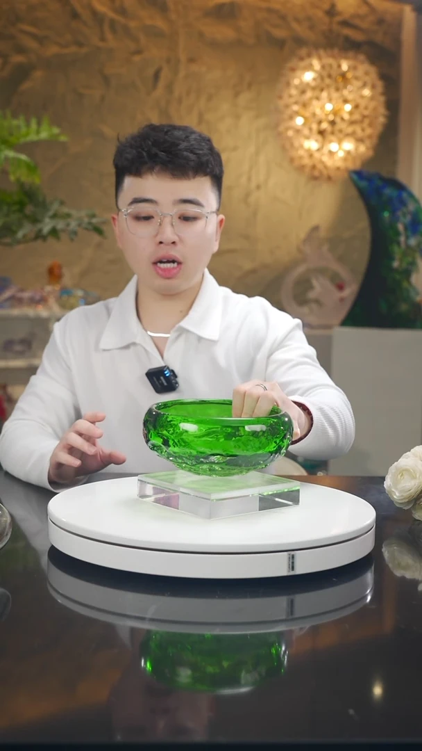 手工艺品琉璃冰川纹祖母绿果碗