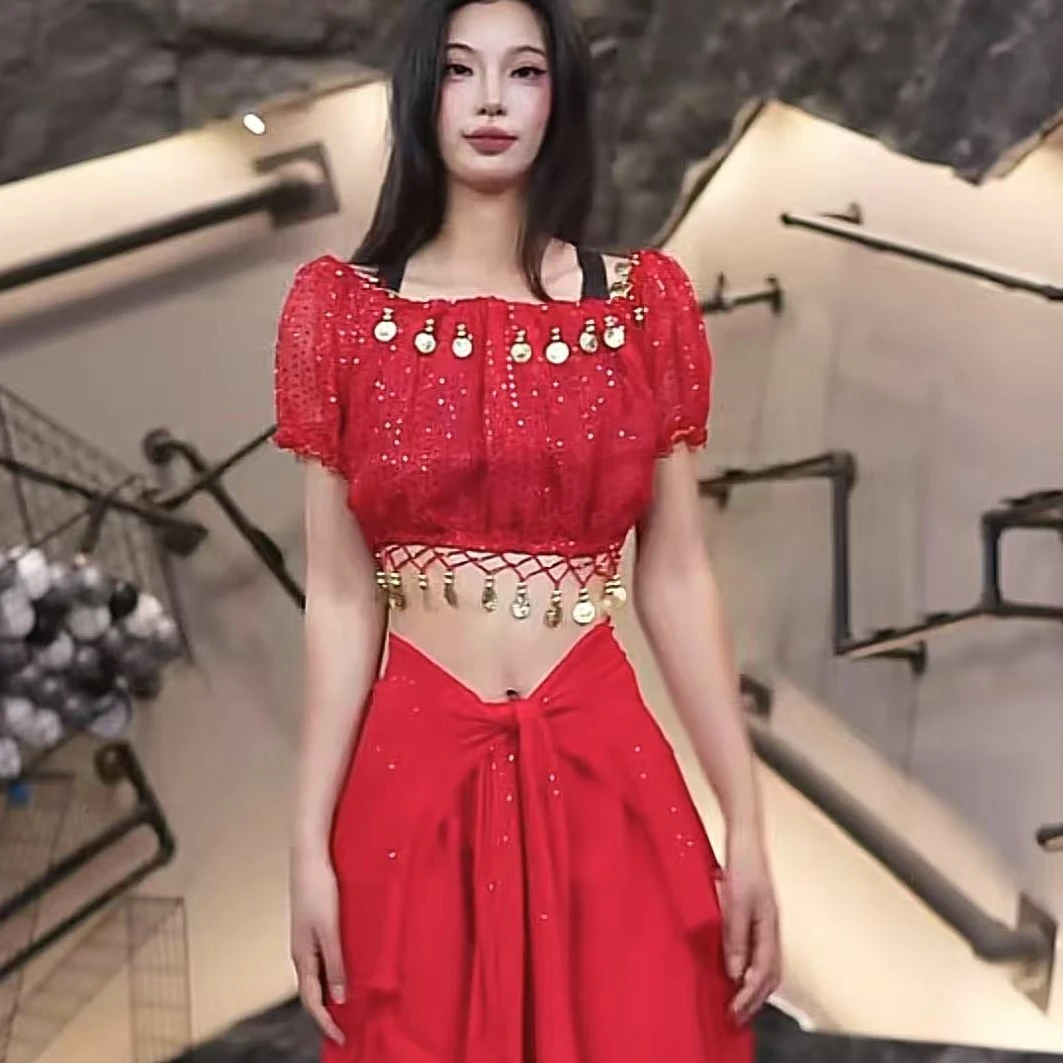 舞蹈表演练习服春夏新款灯笼短袖跳舞上衣