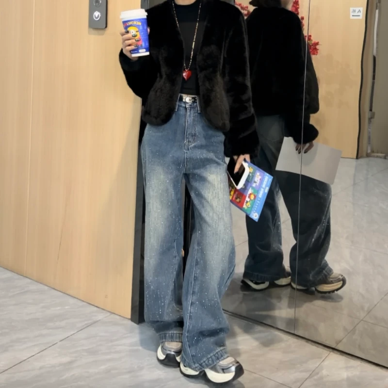 KNJ145小个子定制加绒满天星烫钻爆闪阔腿宽松牛仔裤女冬季拖地裤