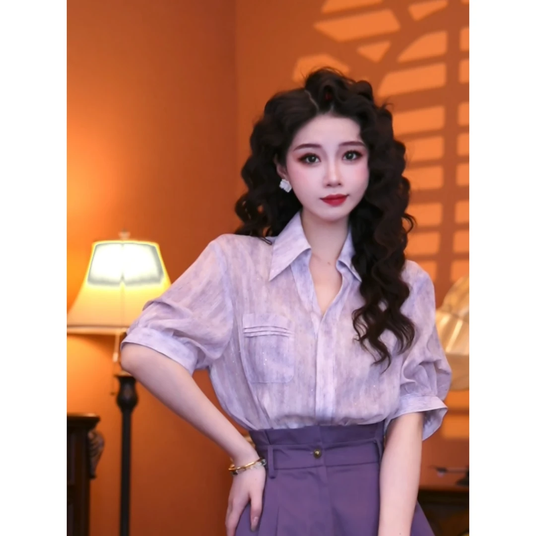 蒋肉肉【坠入紫海】港味复古时尚气质短袖上衣02325