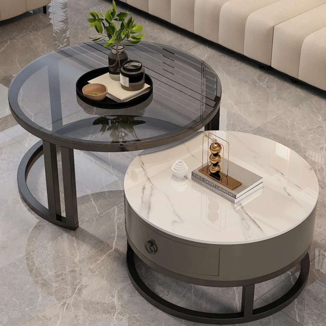 岩板茶几家用客厅组合现代北欧网红小户型简易简约大理石圆形茶桌