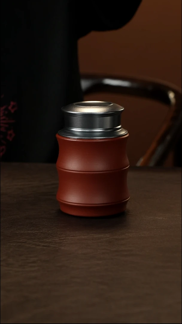 紫砂茶叶罐朱泥 双层锡盖 竹节醒茶罐约50克