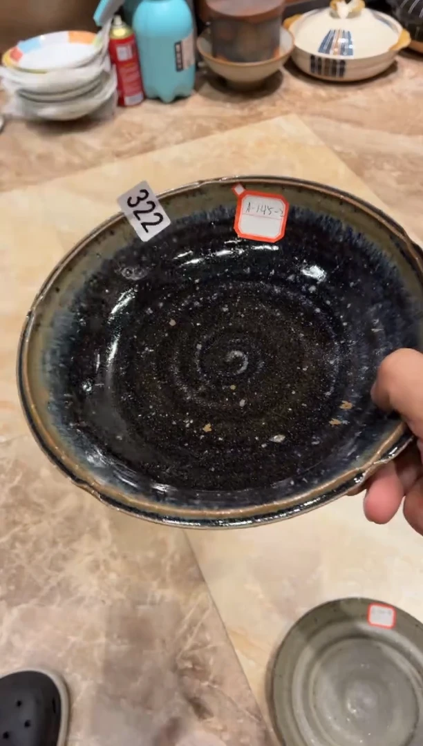 瓷片0*7322粗陶手工玻化蓝菜盘1个