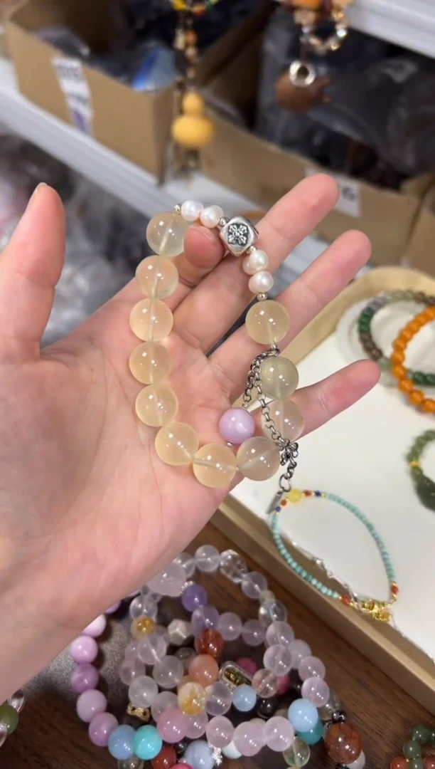 水晶手链银S925镶嵌黄水晶银配件大珠手串[1747]