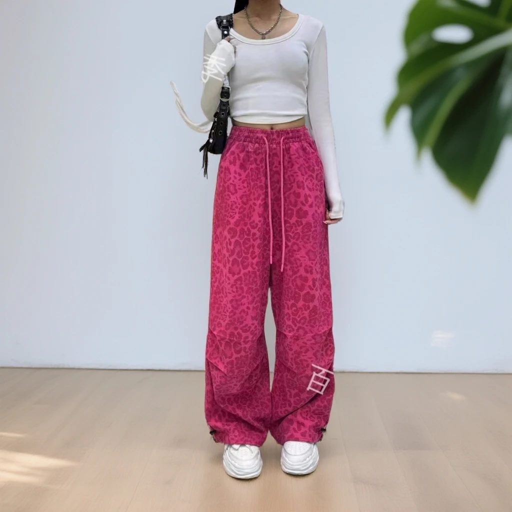 新款豹纹宽松潮流阔腿裤女垂感抽绳显瘦高腰时尚休闲女士卫裤