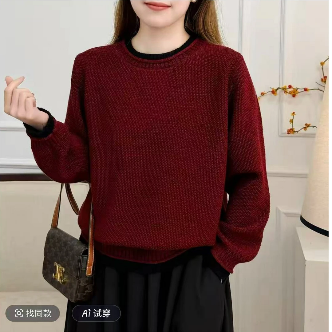 妈妈装半高领网红圆领撞色休闲百搭时尚款棉线针织套头毛衣上衣