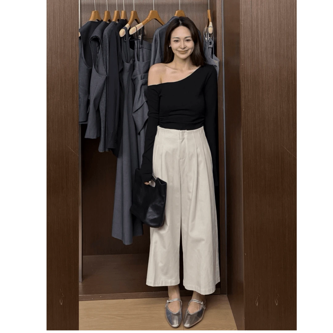 轻熟风简约高级感修身斜肩长袖上衣高腰显瘦宽松直筒休闲阔腿裤女