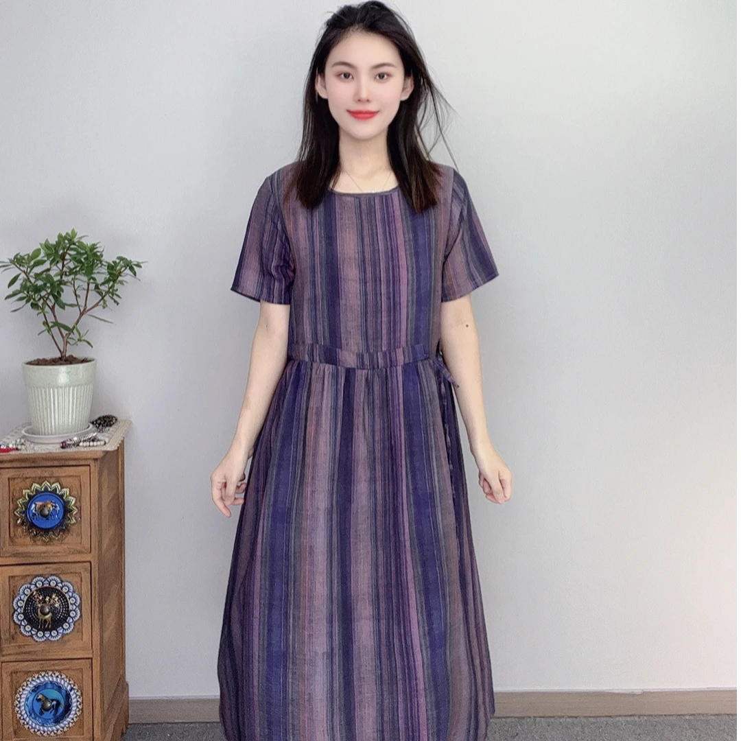 夏季新款中老年妈妈麻连衣裙时尚百搭A字长款大摆裙