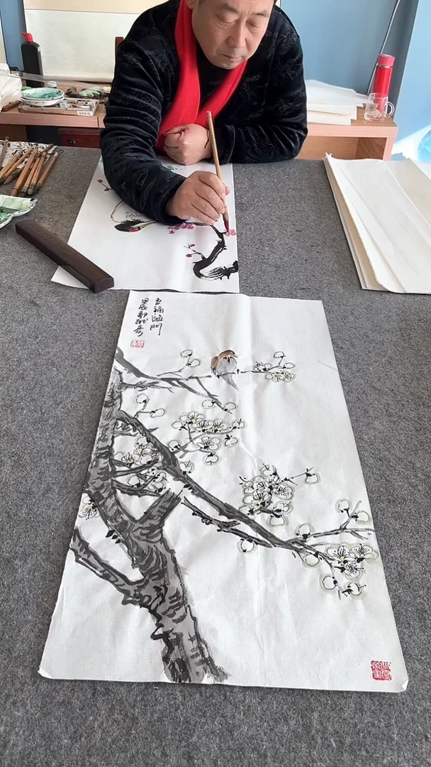 【闪购商品】国画梅开五福、、手绘