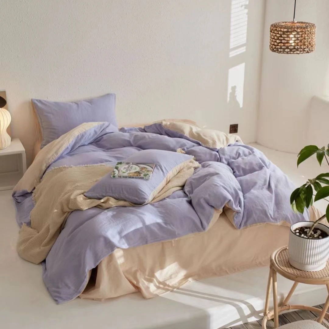 双层纱四件套全棉A类标单6斤重高克重高级感撞色柔软舒适加厚