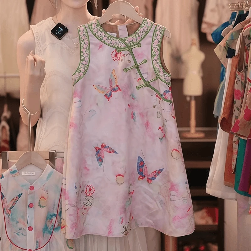 女童国风提花旗袍裙夏季2025新款无袖背心连衣裙新中式盘扣沙滩裙