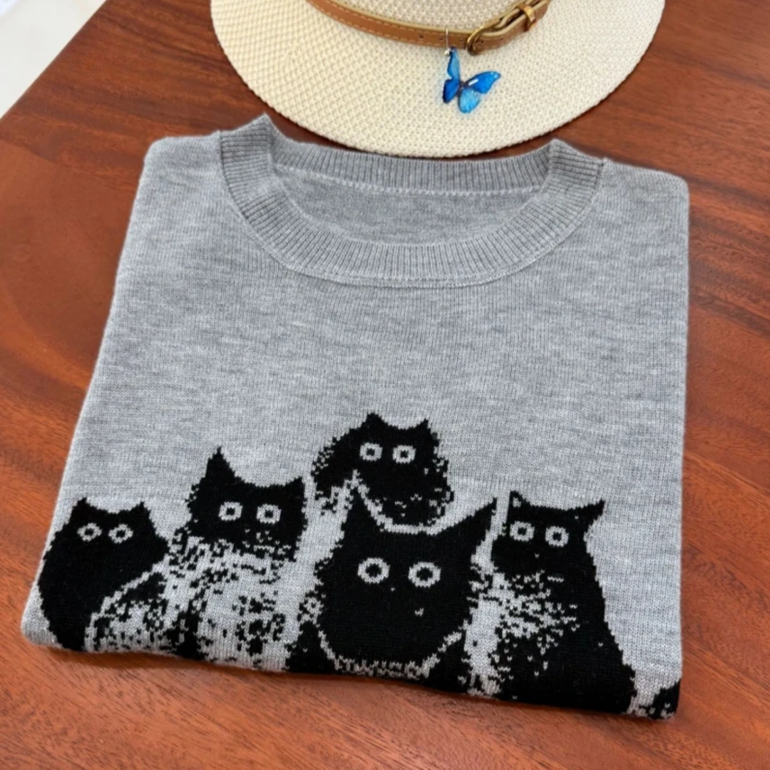 3095【中袖猫咪印花针织衫】春季新款女士简约百搭短款上衣