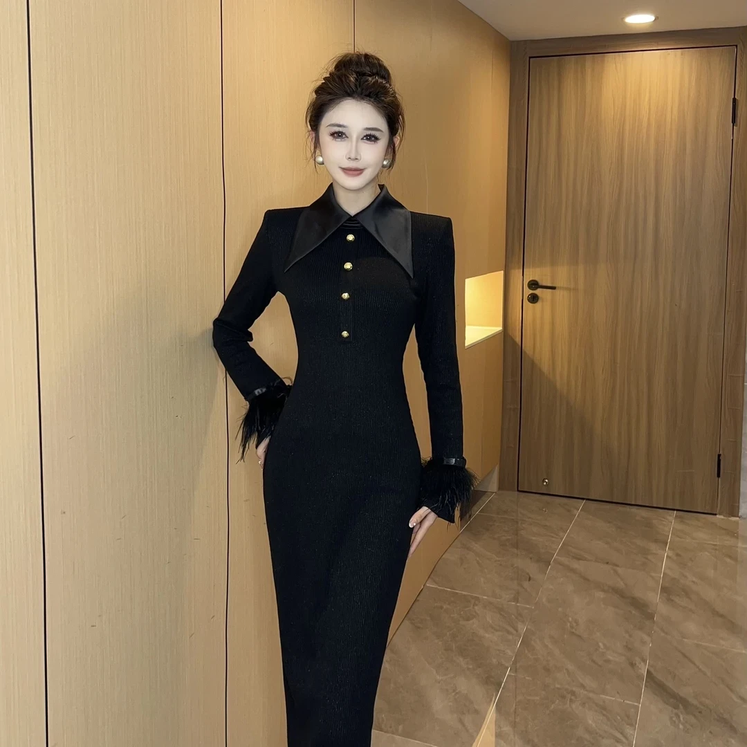 2024冬季新款显瘦时尚休闲百搭长款长袖修身连衣裙9316