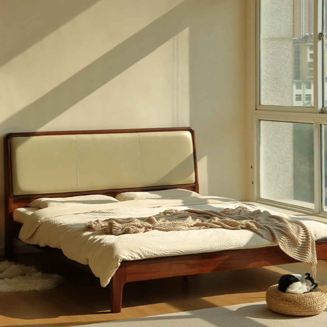 青岛一木 实木床 北美黑胡桃木 主卧大板床 简约头层牛皮软靠床