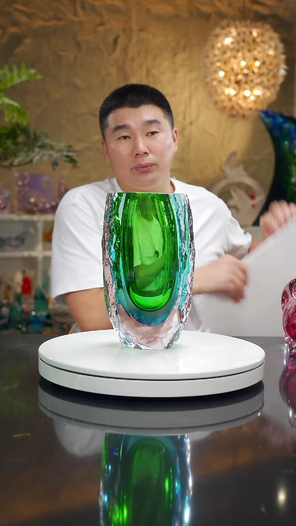 手工艺品琉璃冰川纹绿蓝花器