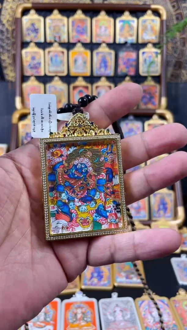 吊坠手绘唐卡《五路财+六臂D黑天》双面盒
