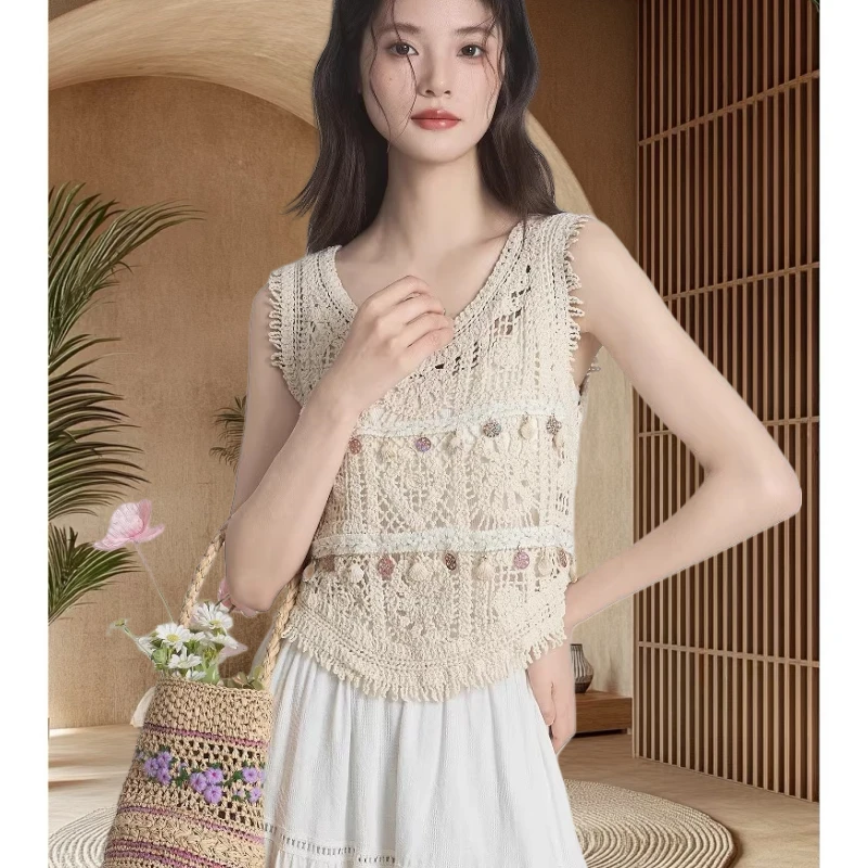 波西米亚度假风时尚洋气镂空流苏无袖背心女夏季小众设计感贝壳