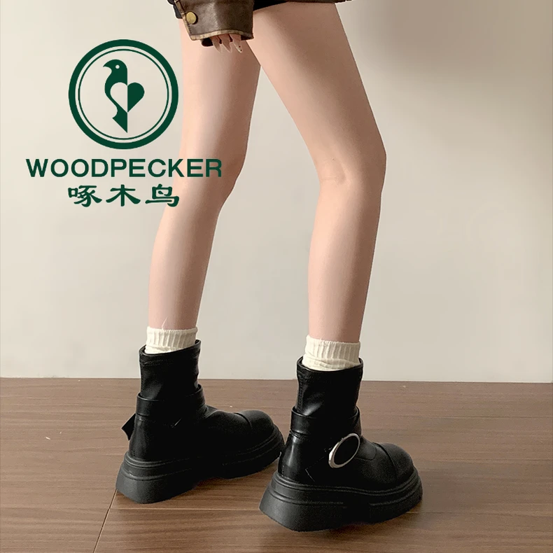 啄木鸟英伦风厚底马丁靴女2025新款秋季复古小个子增高显瘦短靴子