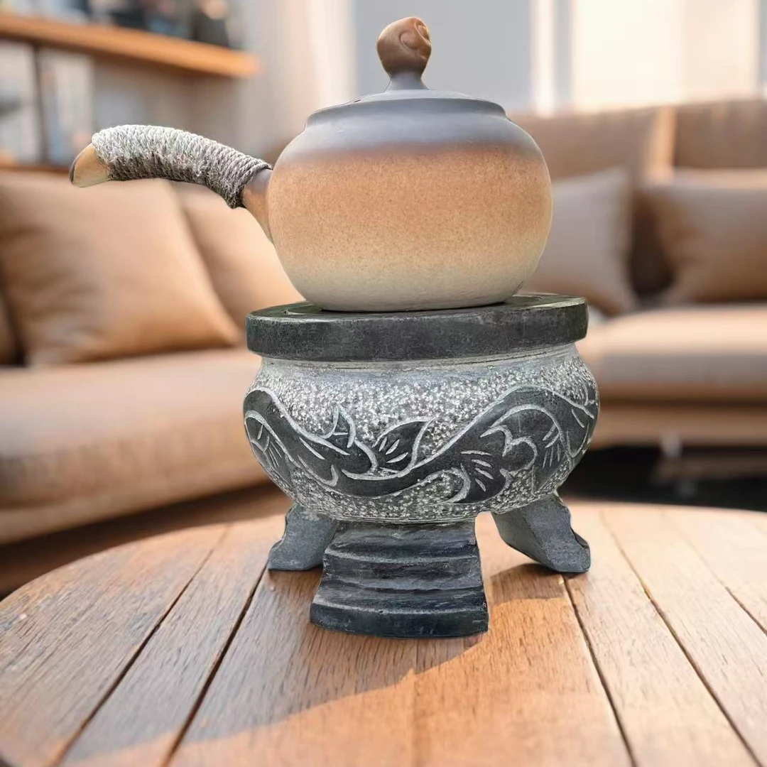 青石煮茶炉复古雕花设计整石制作配电陶炉一套