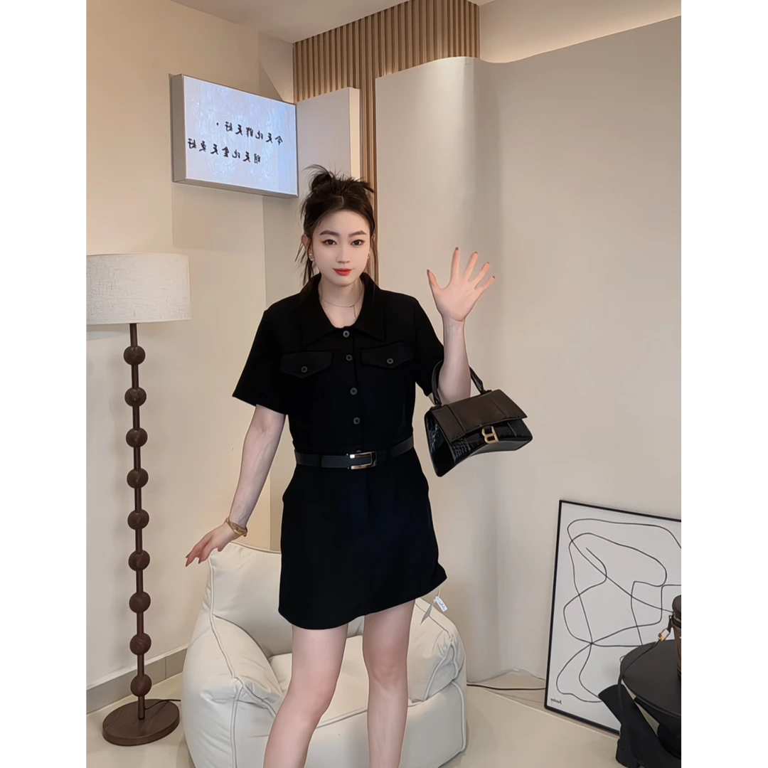 大码女装胖mm休闲通勤百搭显瘦连衣裙气质复古翻领潮6353