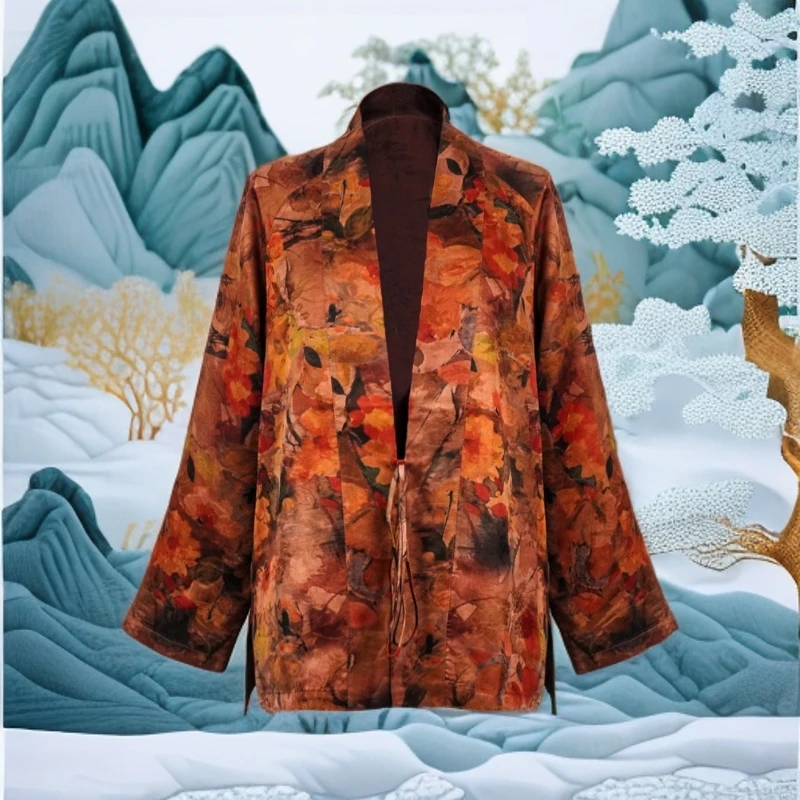 TT 2025春夏新款油画风花开富贵黄花飘带休闲外套24412