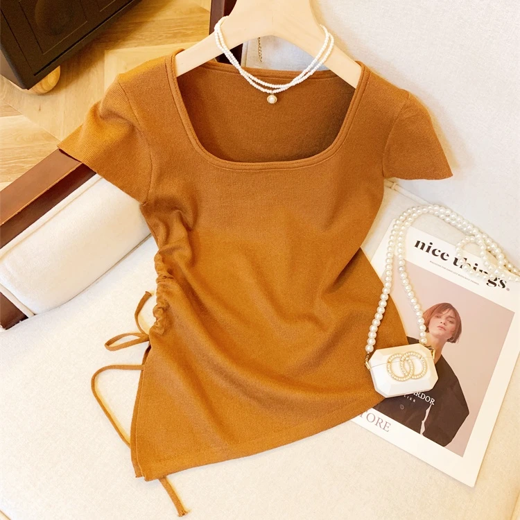 【现货】方领抽褶收腰冰丝短袖针织t恤女夏季设计感不规则开叉上衣