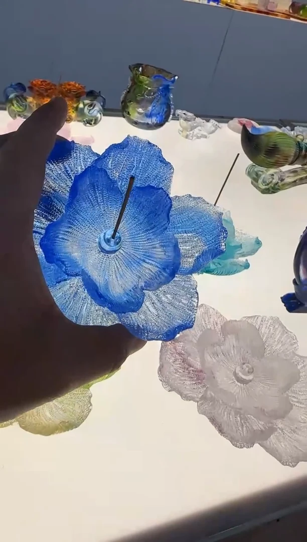 手工艺品琉璃牡丹花香插蓝色