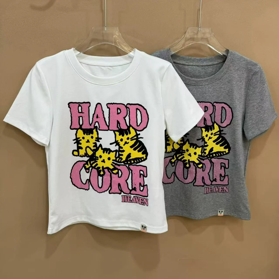 深圳南油高货yi设计师款趣味三只猫咪字母洋气辣妹T恤