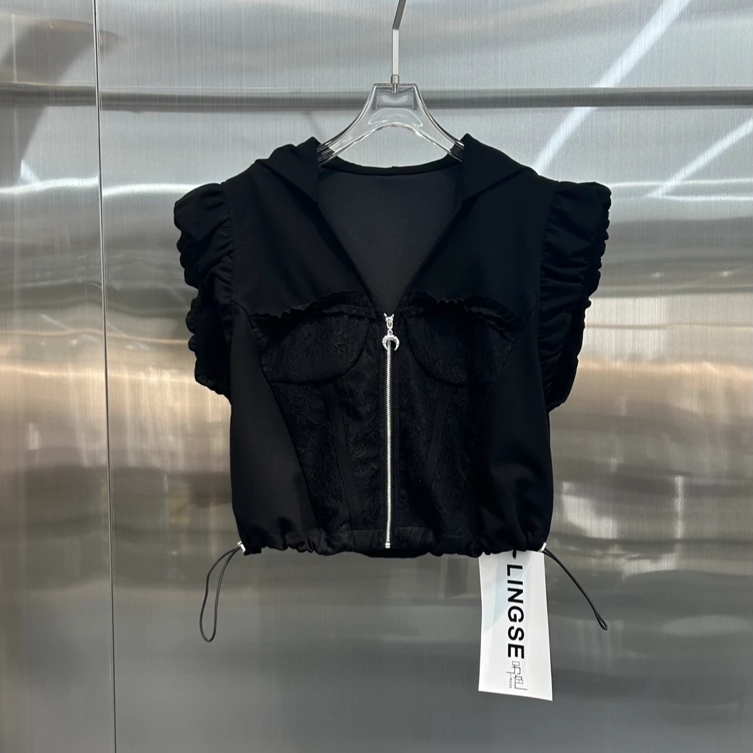 【XSY】另色时尚爆款新款蕾丝花边飞袖连帽毛衫马甲