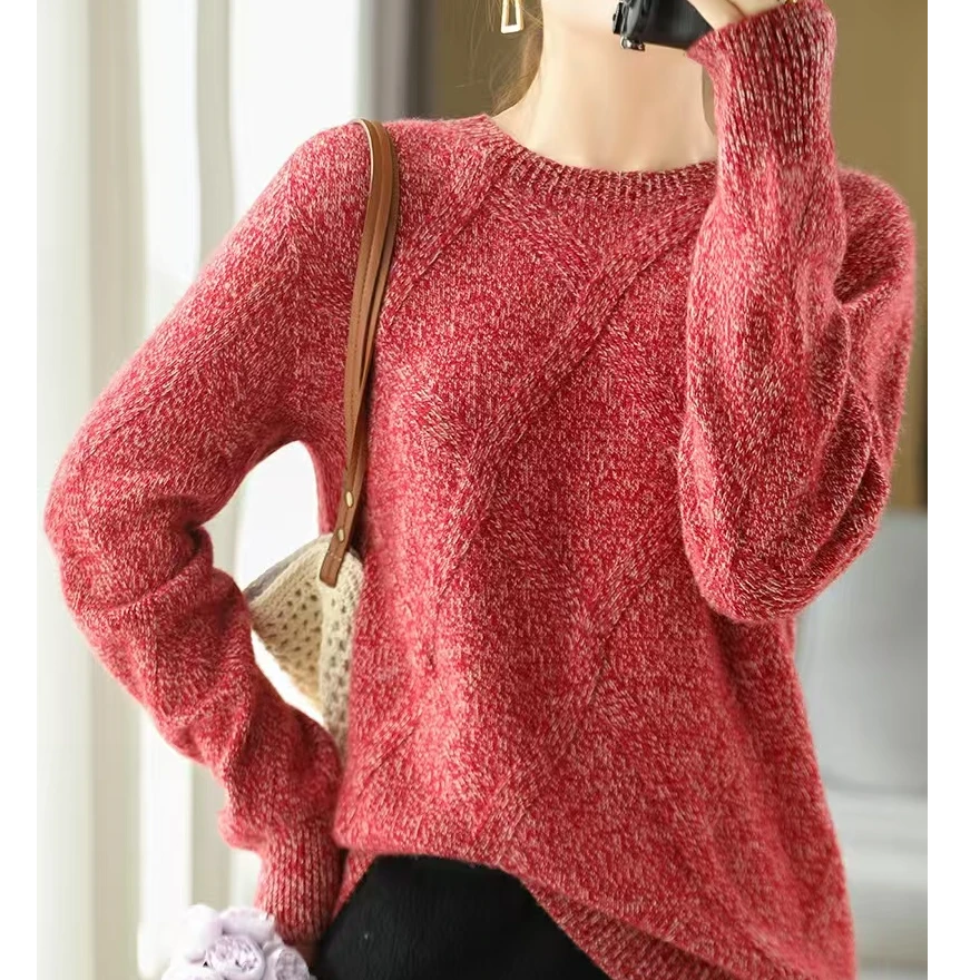 加厚100纯羊毛衫 高品质 花纱圆领宽松版针织打底衫女秋冬