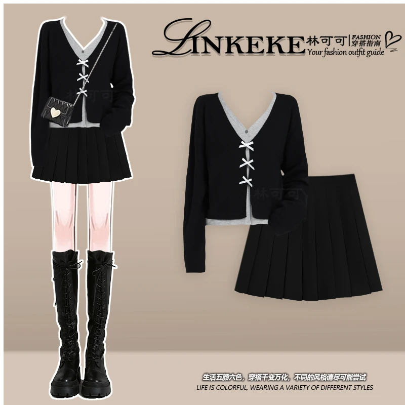 秋季2025新款穿搭一整套装假两件针织衫搭减龄学院风百褶裙两件套