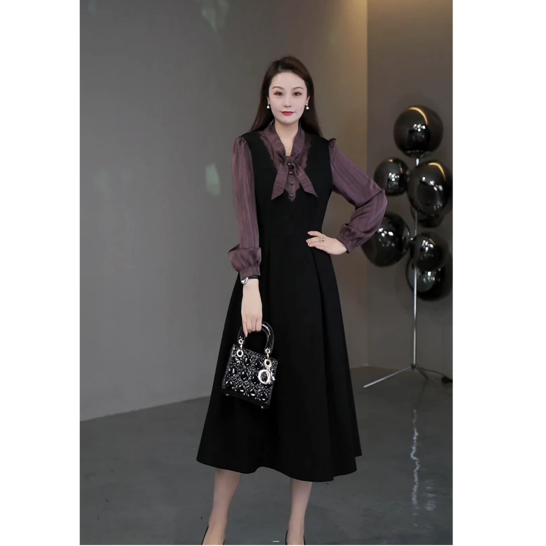 菲姐定制轻奢女装早春新款时尚气质拼接显瘦连衣裙中长款ZB6484