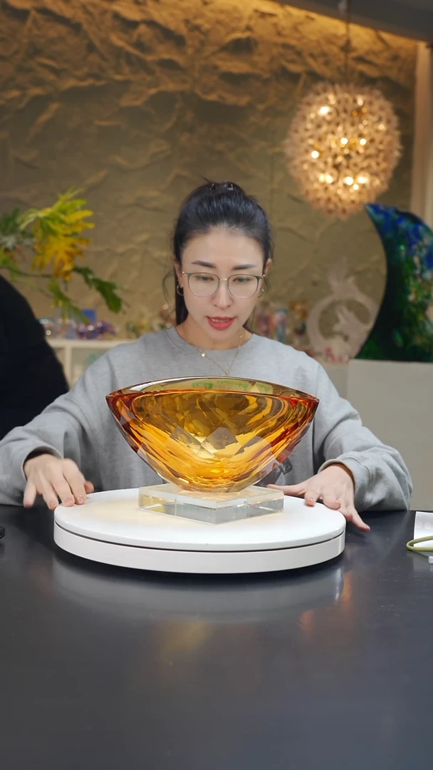 手工艺品琉璃~*琥珀色切面设计款果斗带底座