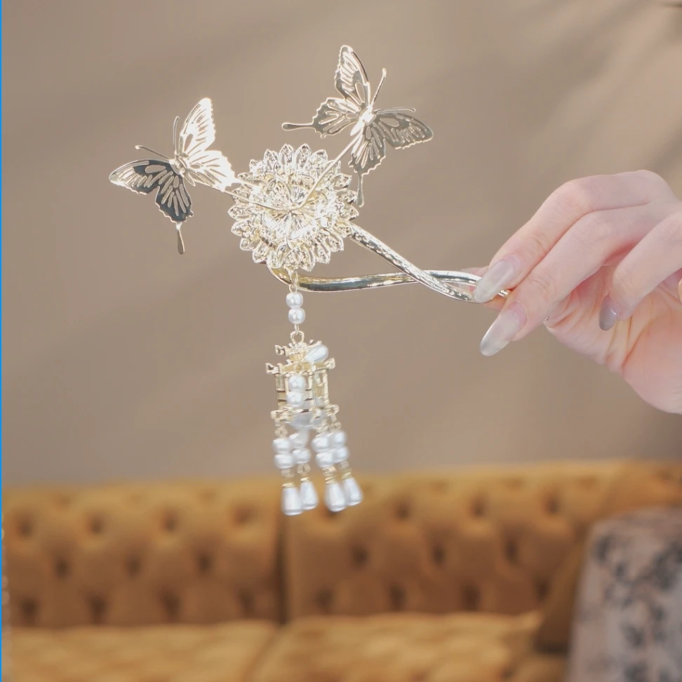 金色蝴蝶珠珠流苏款显气质显高级发夹2309