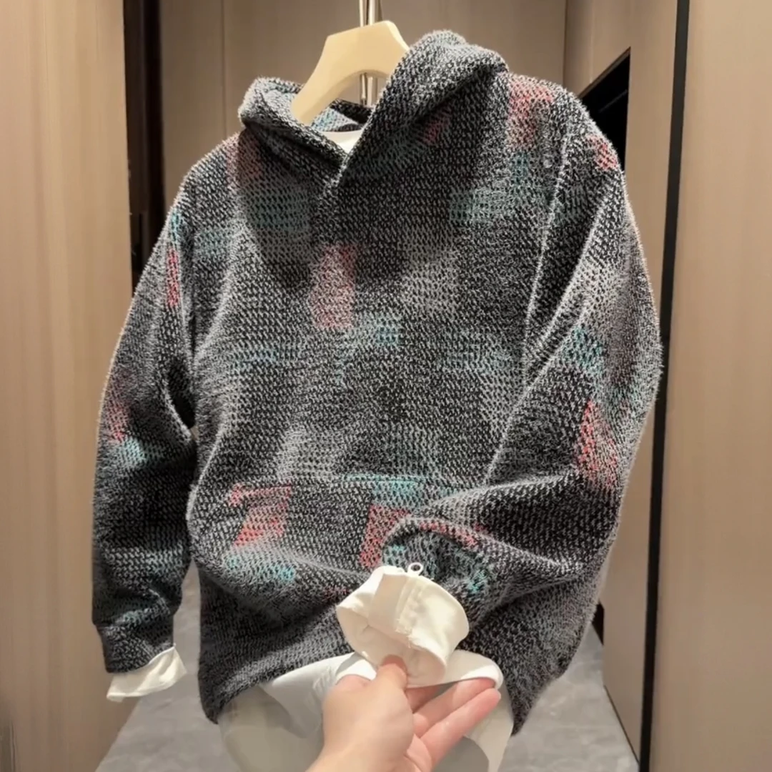 秋冬新款小香风编织连帽卫衣男女同款时尚百搭毛绒保暖休闲上衣