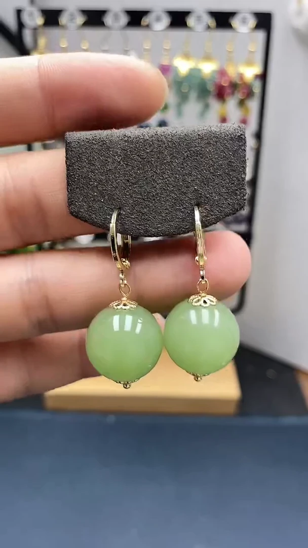 和田玉银S925镀金镶嵌耳饰尺寸16mm耳扣33