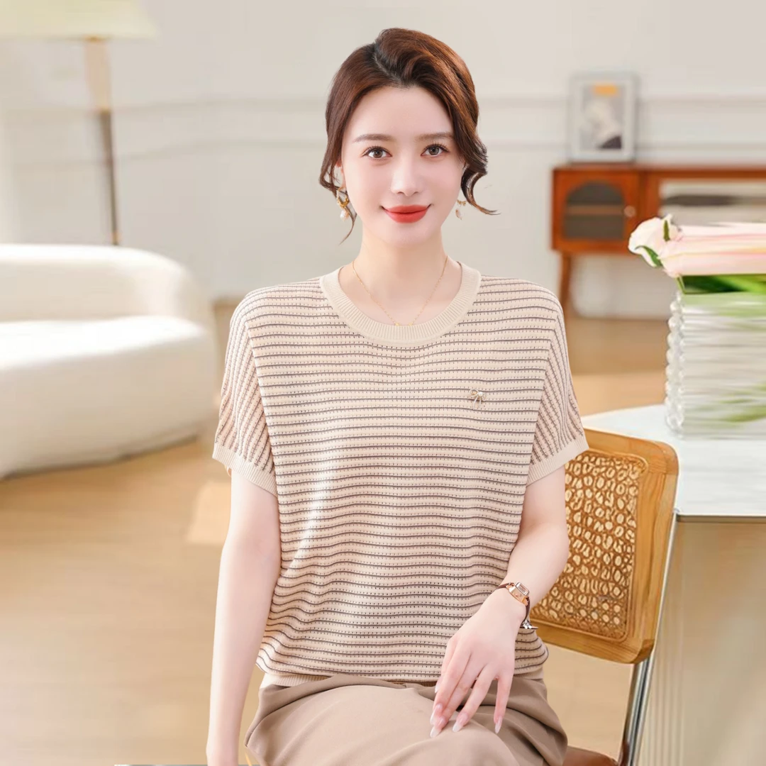 【大唐夫人】妈妈夏装短袖t恤洋气中年女士条纹上衣宽松遮肚小衫