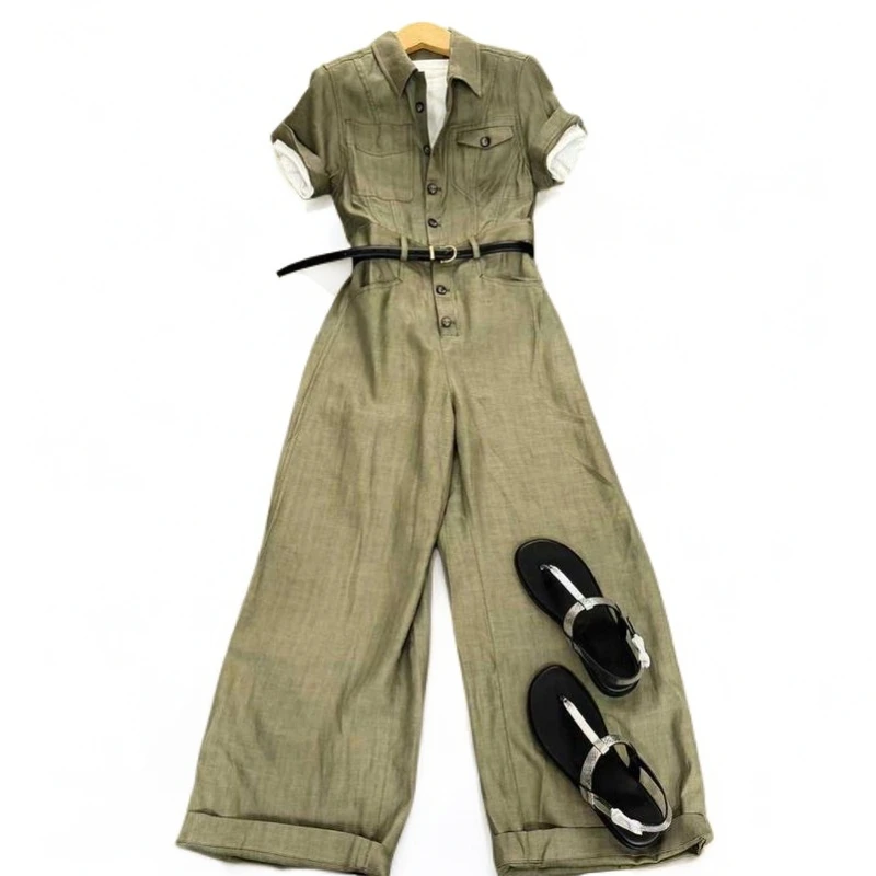 2025夏季炸街爆款减龄阔腿裤套装高端欧货休闲工装风绿色连身裤女