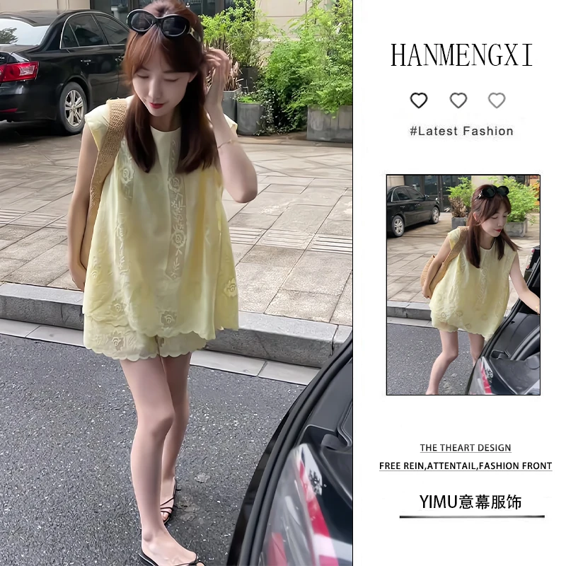 夏季一整套装女2025新款韩版气质设计感上衣高腰显瘦短裤两件套潮