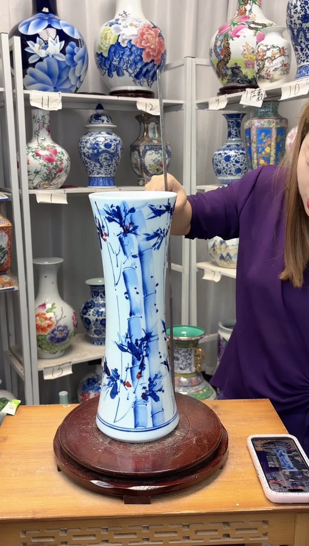 摆件景德镇手绘竹节花瓶