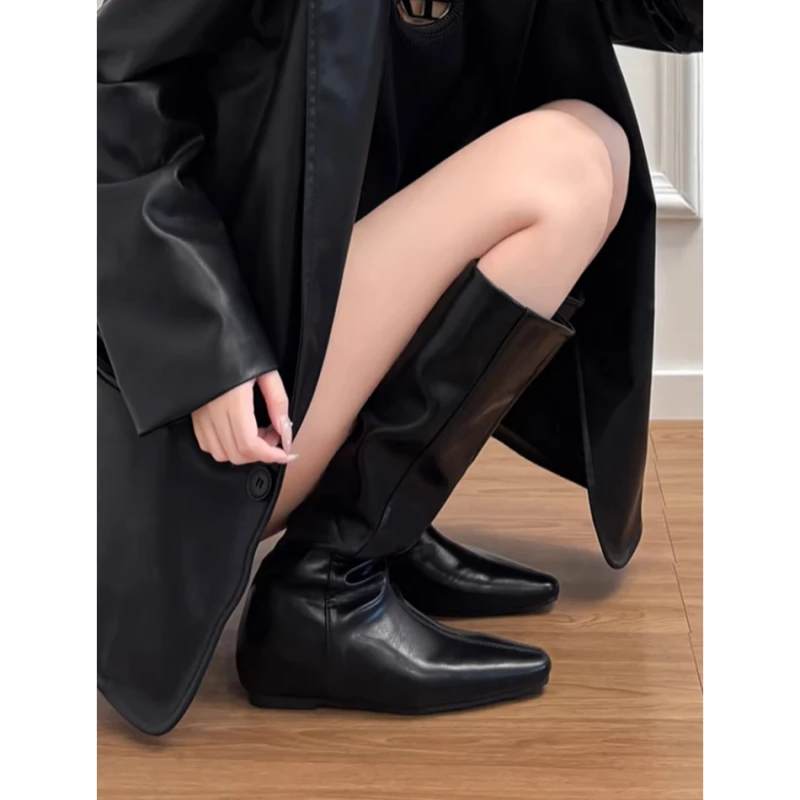自留款~软皮小个子5cm内增高长靴女2025新款方头高筒骑士靴直筒靴