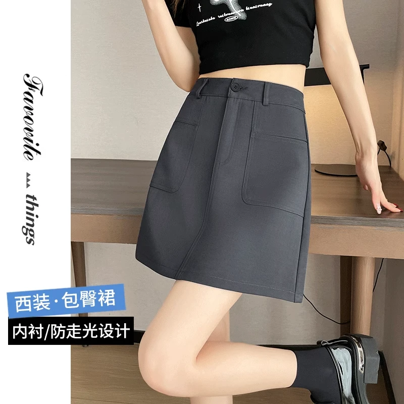灰色西装短裙女高腰春夏薄款2025新款显瘦a字包臀裙学院风半身裙